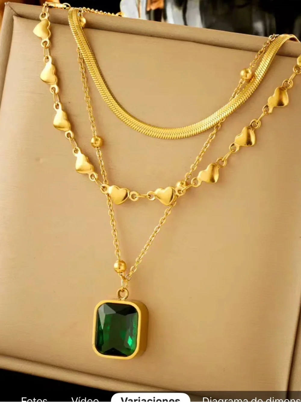 Gold Layered Heart Necklace with Green Gem Pendant